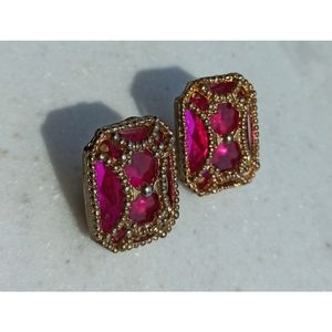 Vintage Gold Tone With Fuchsia Pink Rhinestone Earrings 80s Art Deco Style